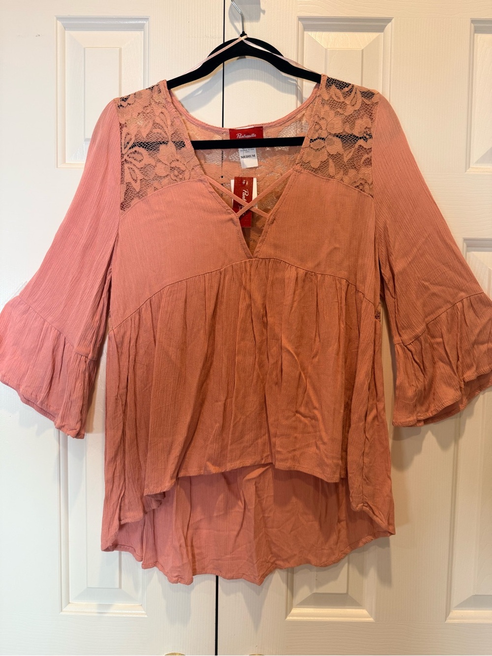 Boho Lace Yoke Front and Back Crinkle V-Neck Blouse in Dusty Rose